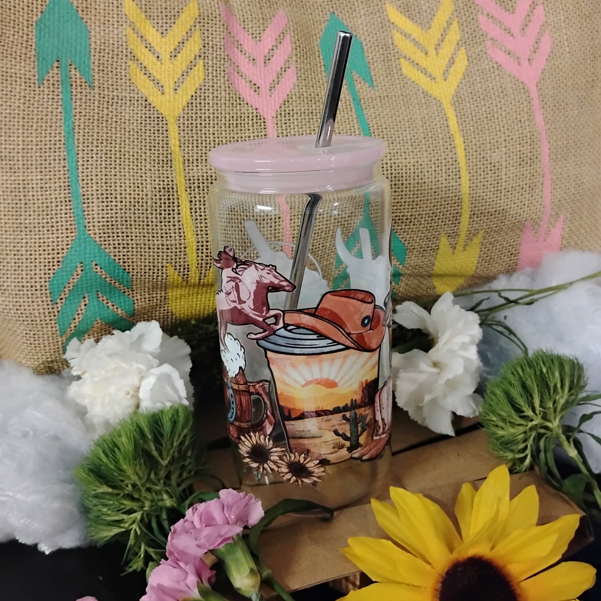 Western Glass Tumbler | Cowboy Iced Coffee Cup | Rustic Country Drinkware