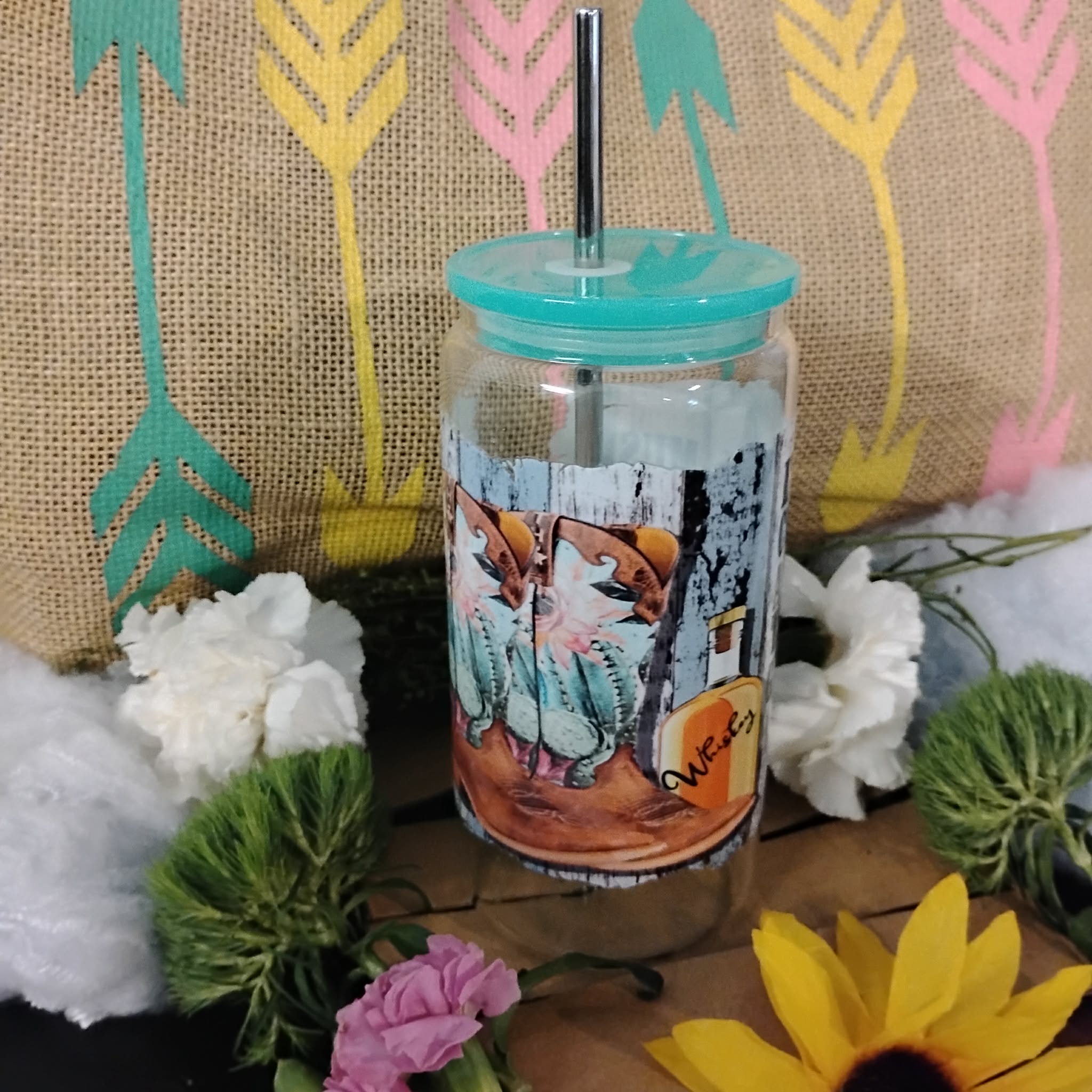 Western Glass Tumbler | Cowboy Iced Coffee Cup | Rustic Country Drinkware