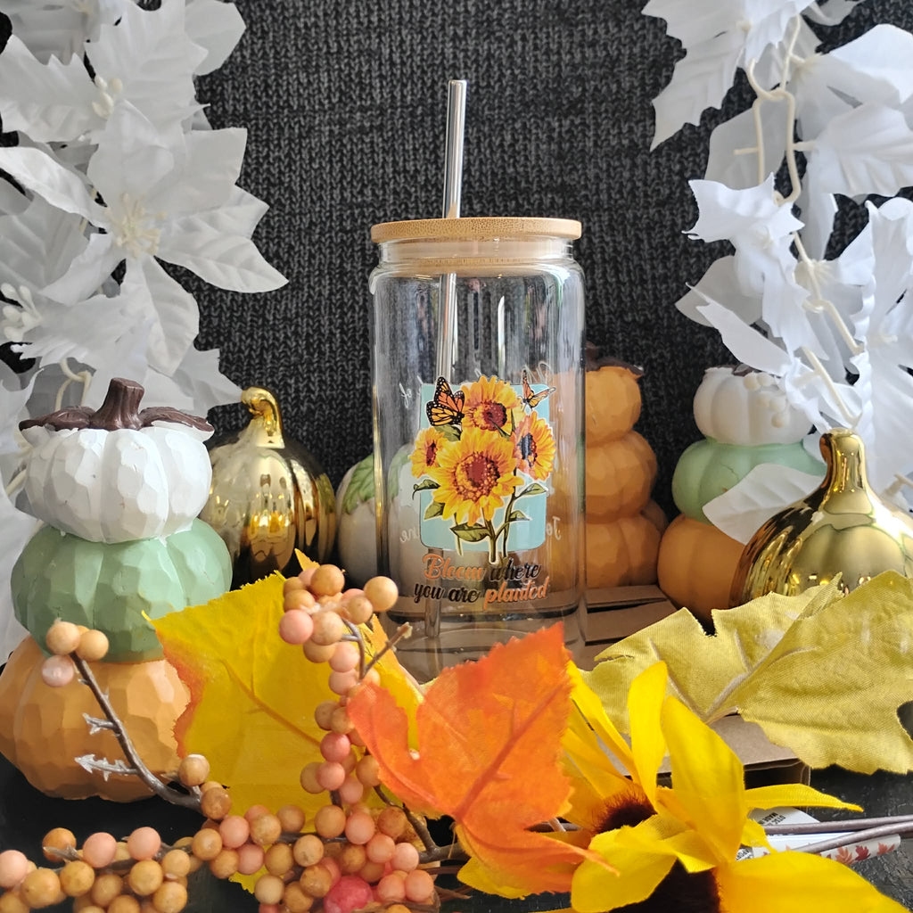 Sunflower Glass Tumbler | Floral Iced Coffee Cup | Cute Aesthetic Drinkware Gift